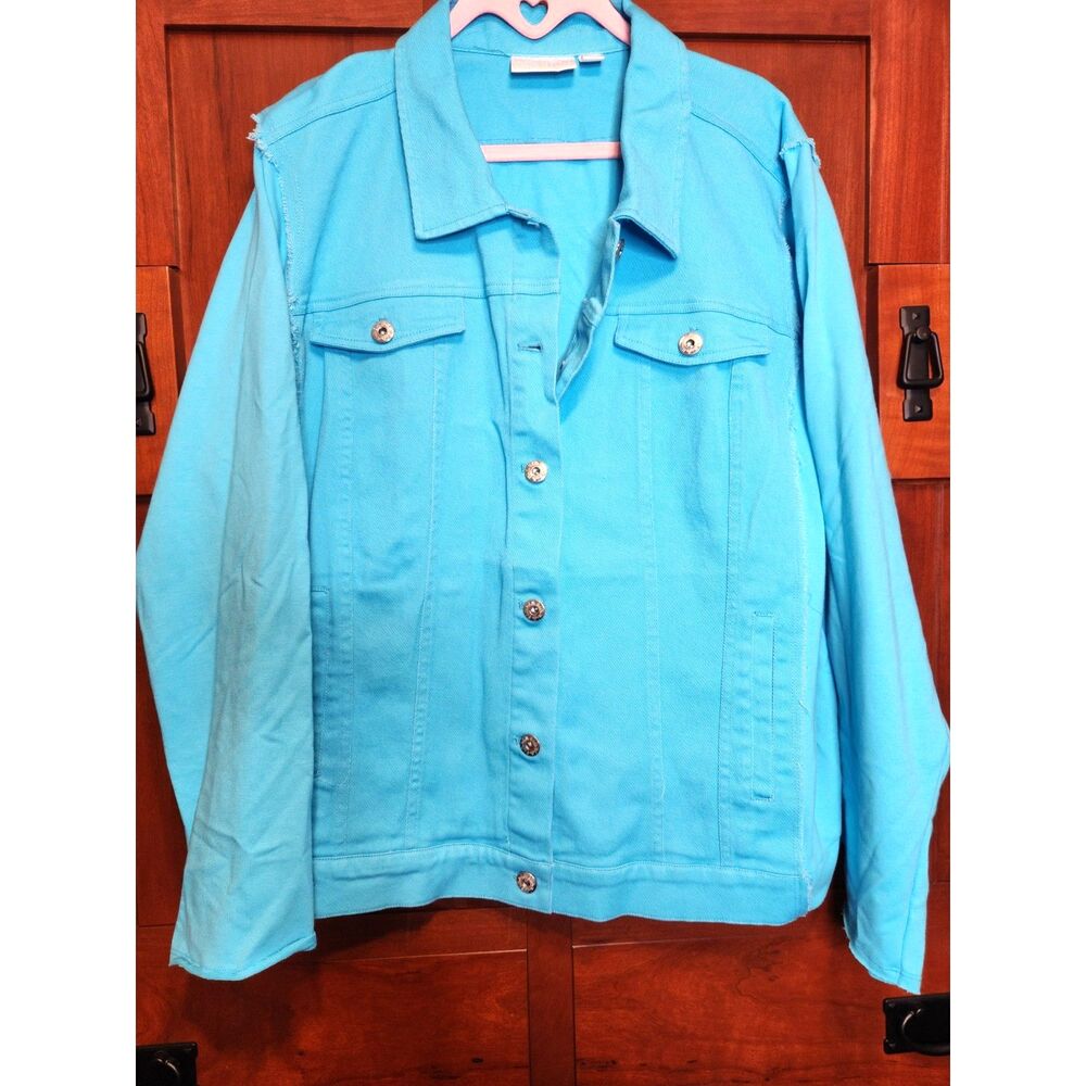 Belle Turquoise Blue Denim Jacket with Knit Sleeves Women's Size 2XL